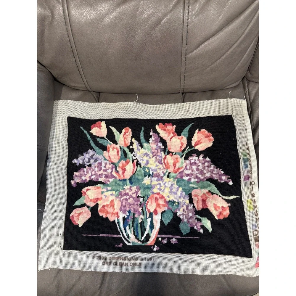 Vintage 1991 Dimensions Completed Needlepoint Floral Tulips Lilacs Black 21x17